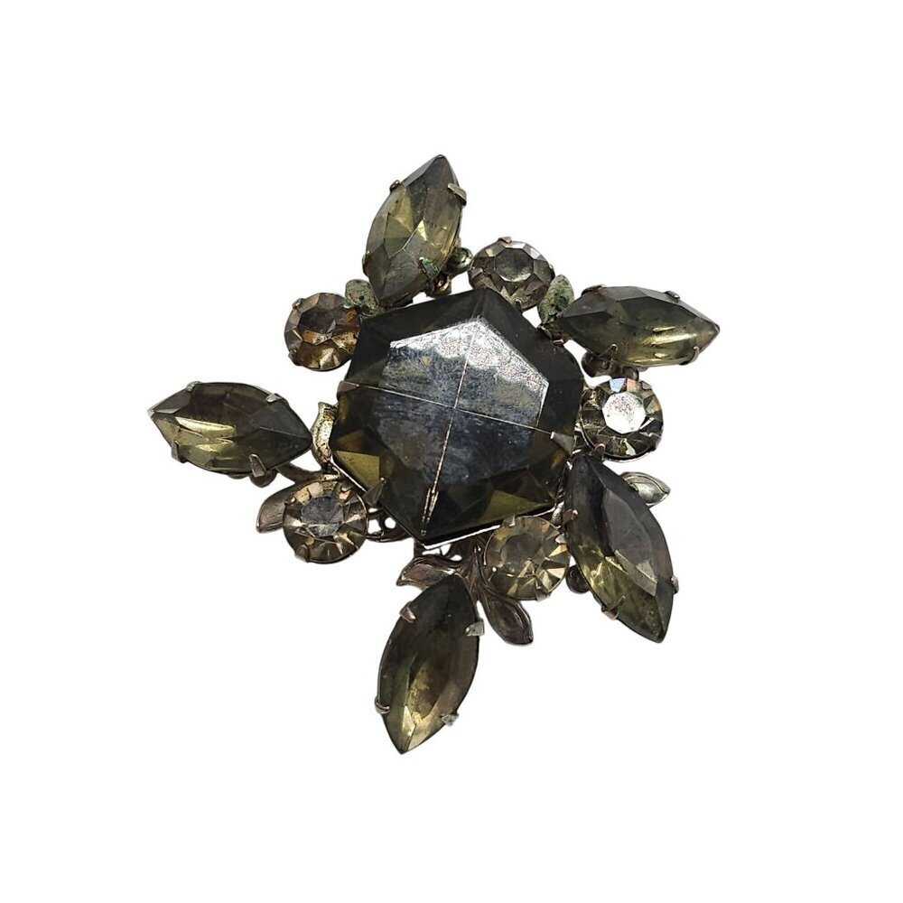 Vintage Smokey Bronze Hexagon w Marquis Rhinestone Silvertone Swirl Flower Pin
